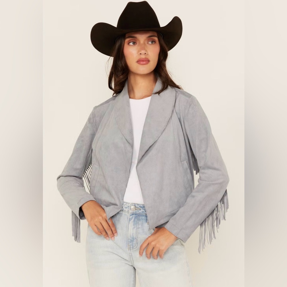 **NWT** Blue B Collection Faux Suede Women's Gray Fringe Jacket - Picture 3 of 15